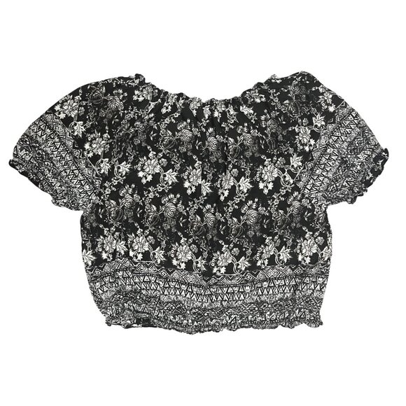 Lucky Brand Women's Boho Peasant Top Size L Black White Floral Print Tassel Tie - Picture 10 of 10